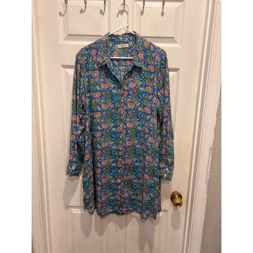 Natural Life Blue Pink Floral Block Print Rayon Button Down Shirt Dress Large